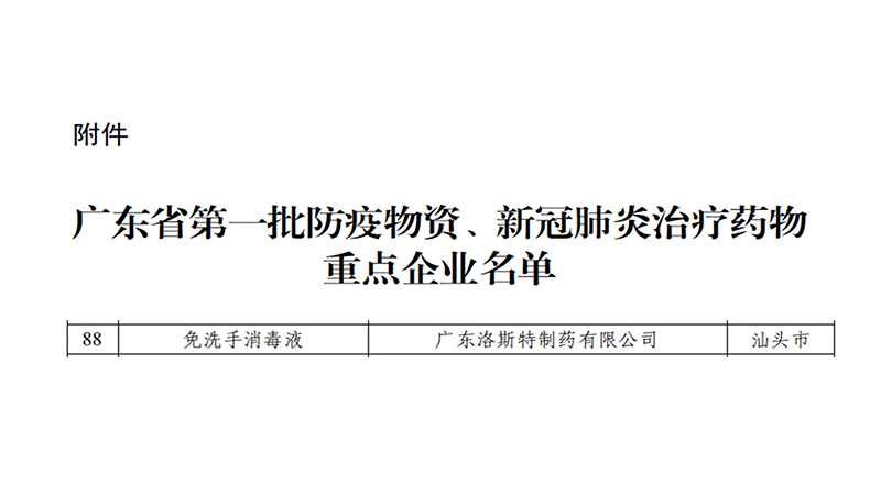 洛斯特制藥列入廣東省第一批防疫物資、 新冠肺炎治療藥物重點企業名單